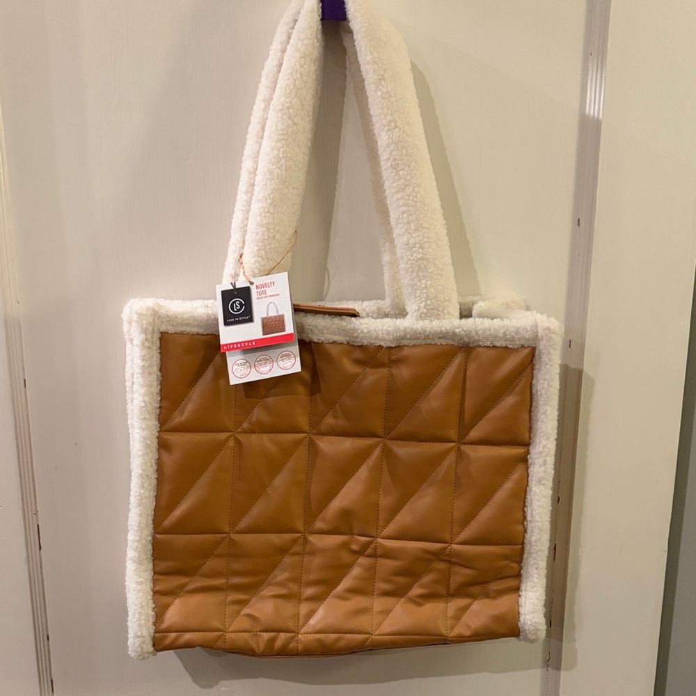 Brown Quilted Tote Bag with Cream Faux Fur Trim.